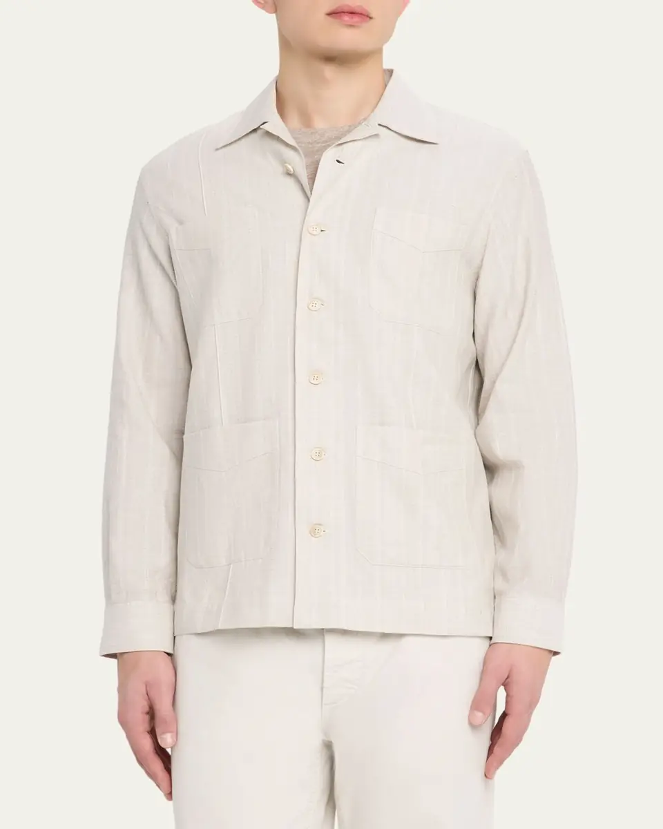 Brunello Cucinelli Men's Cotton and Linen Stripe Button-Down Shirt | Thumbnail 4 Brunello Cucinelli Men's Cotton and Linen Stripe Button-Down Shirt | Thumbnail 4