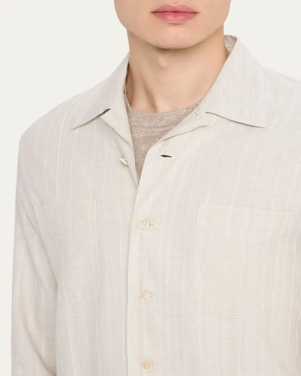 Brunello Cucinelli Men's Cotton and Linen Stripe Button-Down Shirt | Thumbnail 5 Brunello Cucinelli Men's Cotton and Linen Stripe Button-Down Shirt | Thumbnail 5