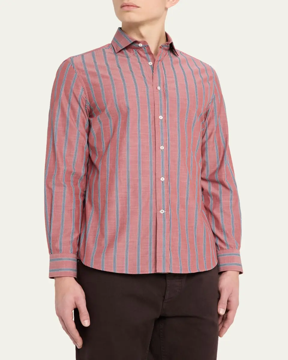 Brunello Cucinelli Men's Cotton Multi-Stripe Button-Down Shirt | Thumbnail 4 Brunello Cucinelli Men's Cotton Multi-Stripe Button-Down Shirt | Thumbnail 4