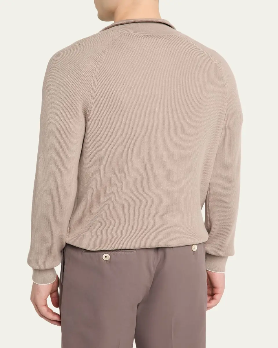 Brunello Cucinelli Men's Cotton English Rib Half-Zip Sweater | Thumbnail 3 Brunello Cucinelli Men's Cotton English Rib Half-Zip Sweater | Thumbnail 3