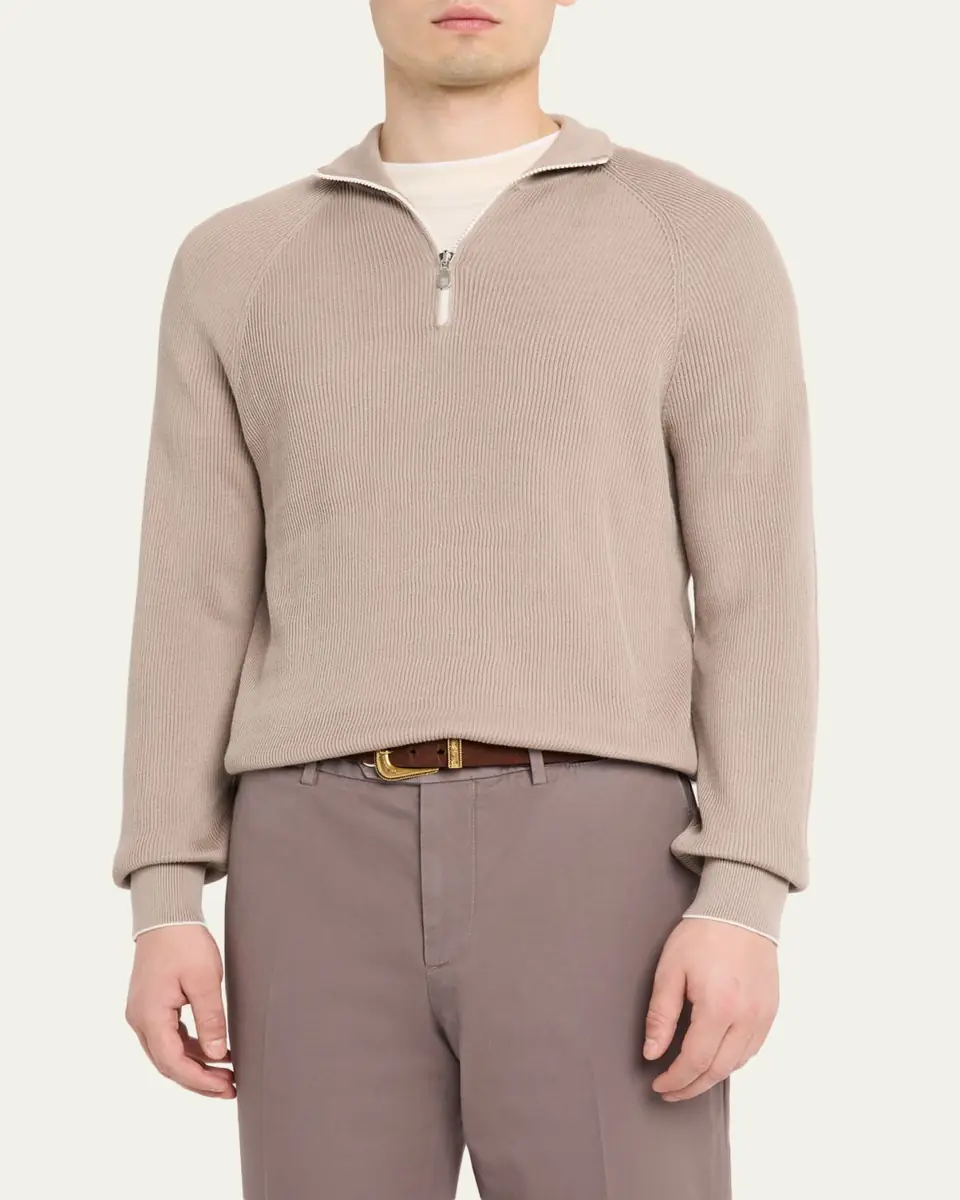 Brunello Cucinelli Men's Cotton English Rib Half-Zip Sweater | Thumbnail 4 Brunello Cucinelli Men's Cotton English Rib Half-Zip Sweater | Thumbnail 4