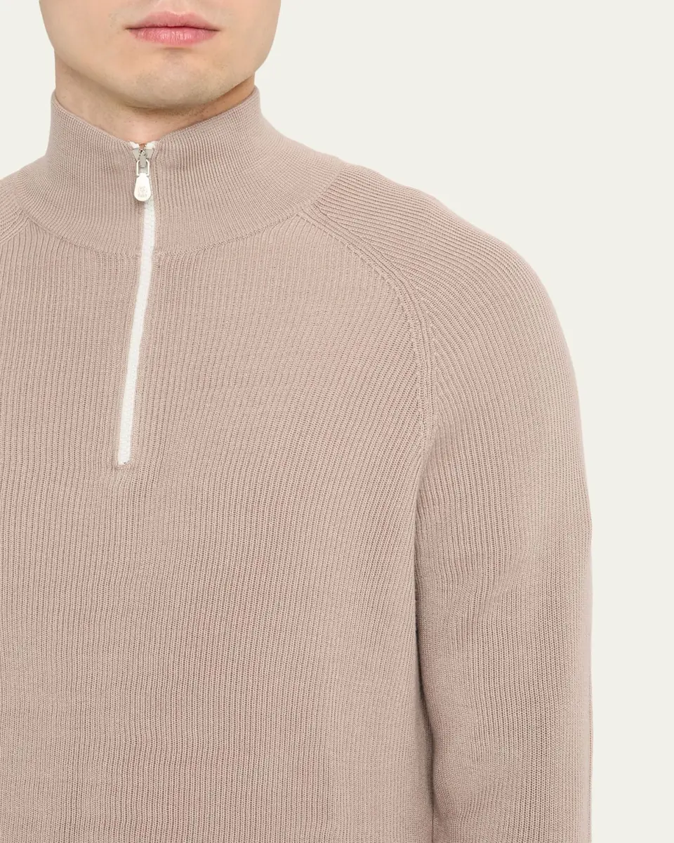 Brunello Cucinelli Men's Cotton English Rib Half-Zip Sweater | Thumbnail 5 Brunello Cucinelli Men's Cotton English Rib Half-Zip Sweater | Thumbnail 5