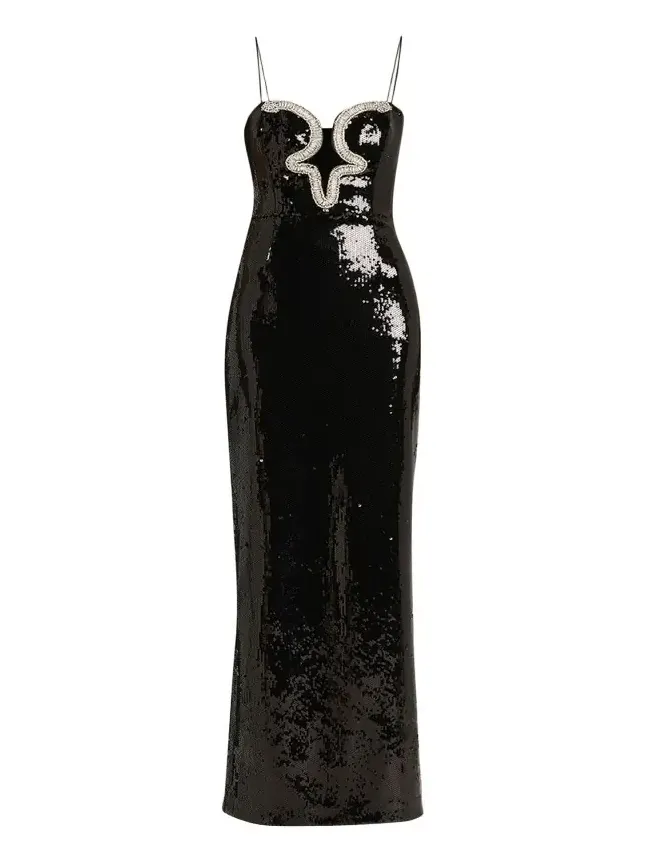 Lyra Plunging Diamante Snake-Trim Sequin Gown