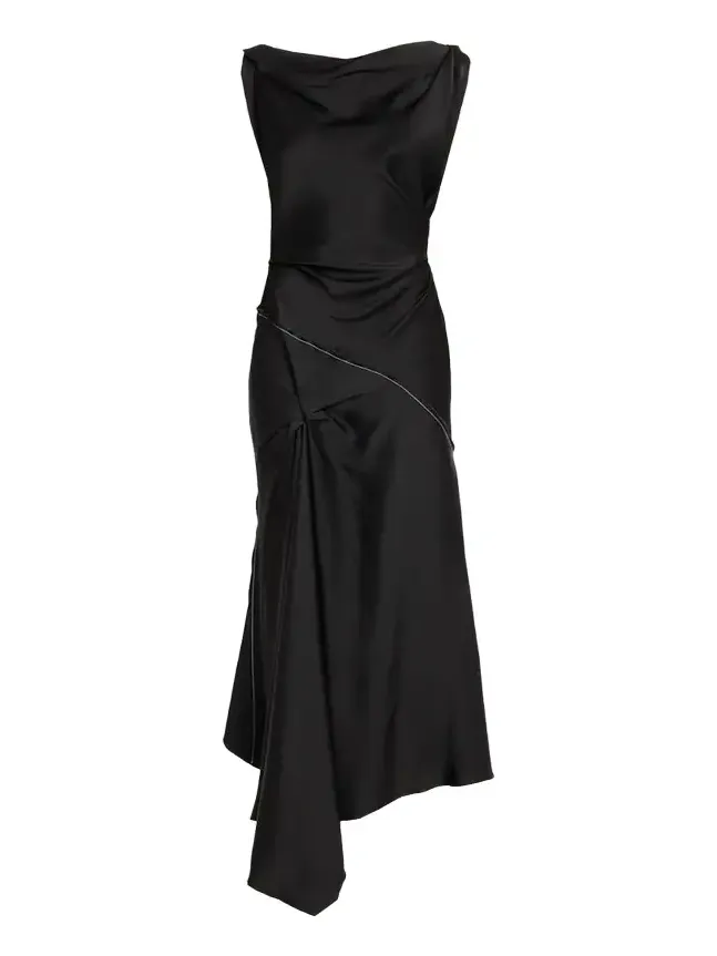 Asymmetric Draped Sleeveless Satin Midi Dress Asymmetric Draped Sleeveless Satin Midi Dress
