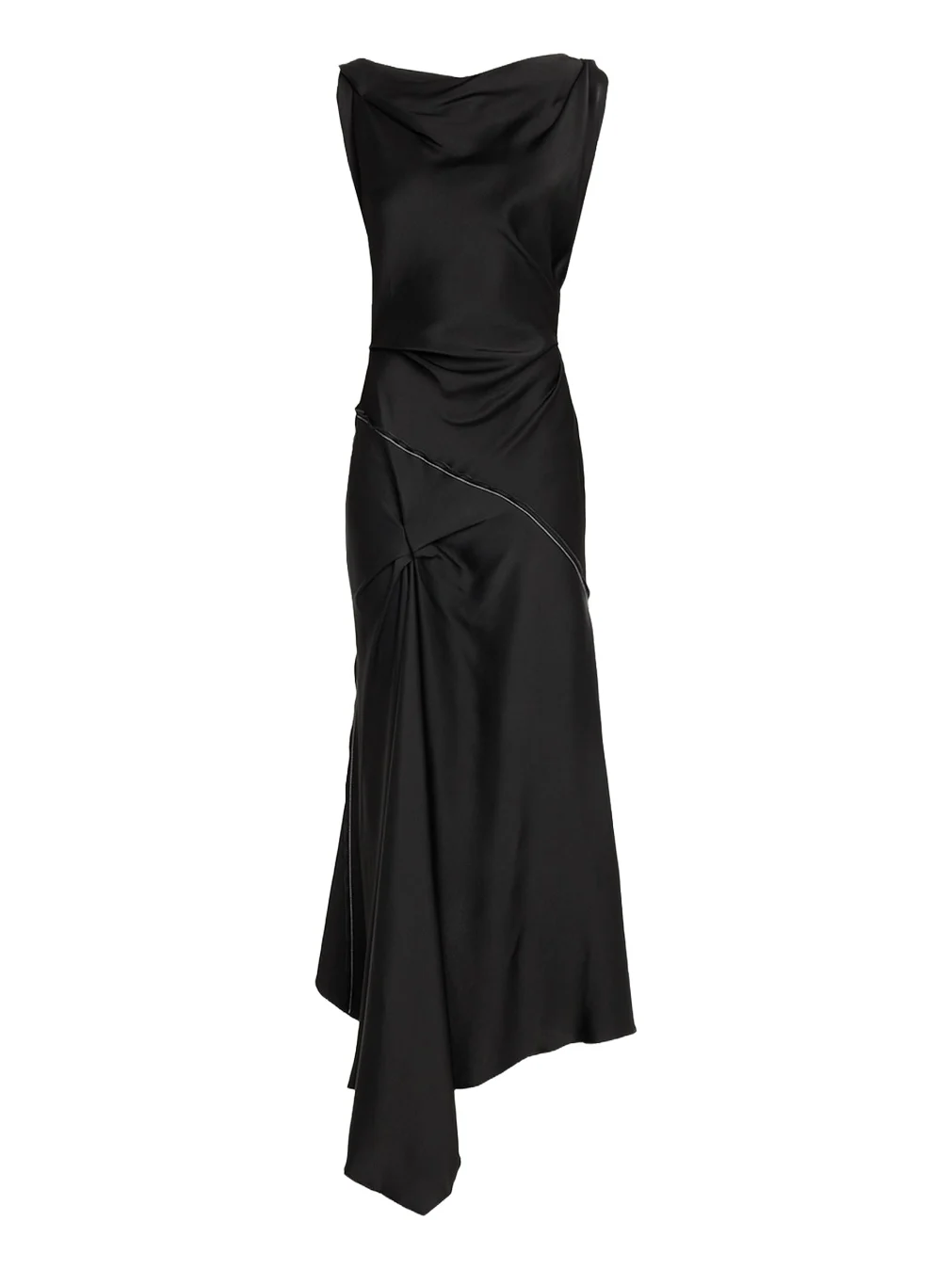 Asymmetric Draped Sleeveless Satin Midi Dress Asymmetric Draped Sleeveless Satin Midi Dress