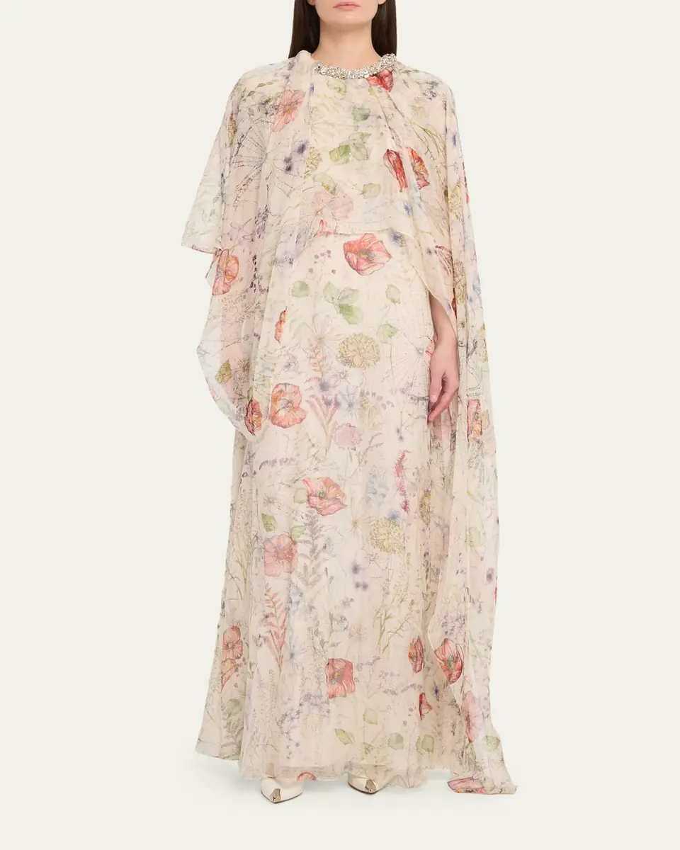 Alexander McQueen Crystal Meadow Floral-Print Asymmetric Cape Gown | Thumbnail 2 Alexander McQueen Crystal Meadow Floral-Print Asymmetric Cape Gown | Thumbnail 2