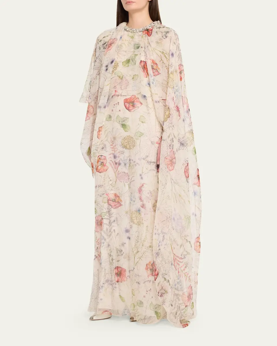 Alexander McQueen Crystal Meadow Floral-Print Asymmetric Cape Gown | Thumbnail 4 Alexander McQueen Crystal Meadow Floral-Print Asymmetric Cape Gown | Thumbnail 4