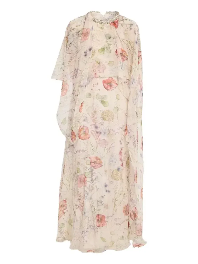 Crystal Meadow Floral-Print Asymmetric Cape Gown