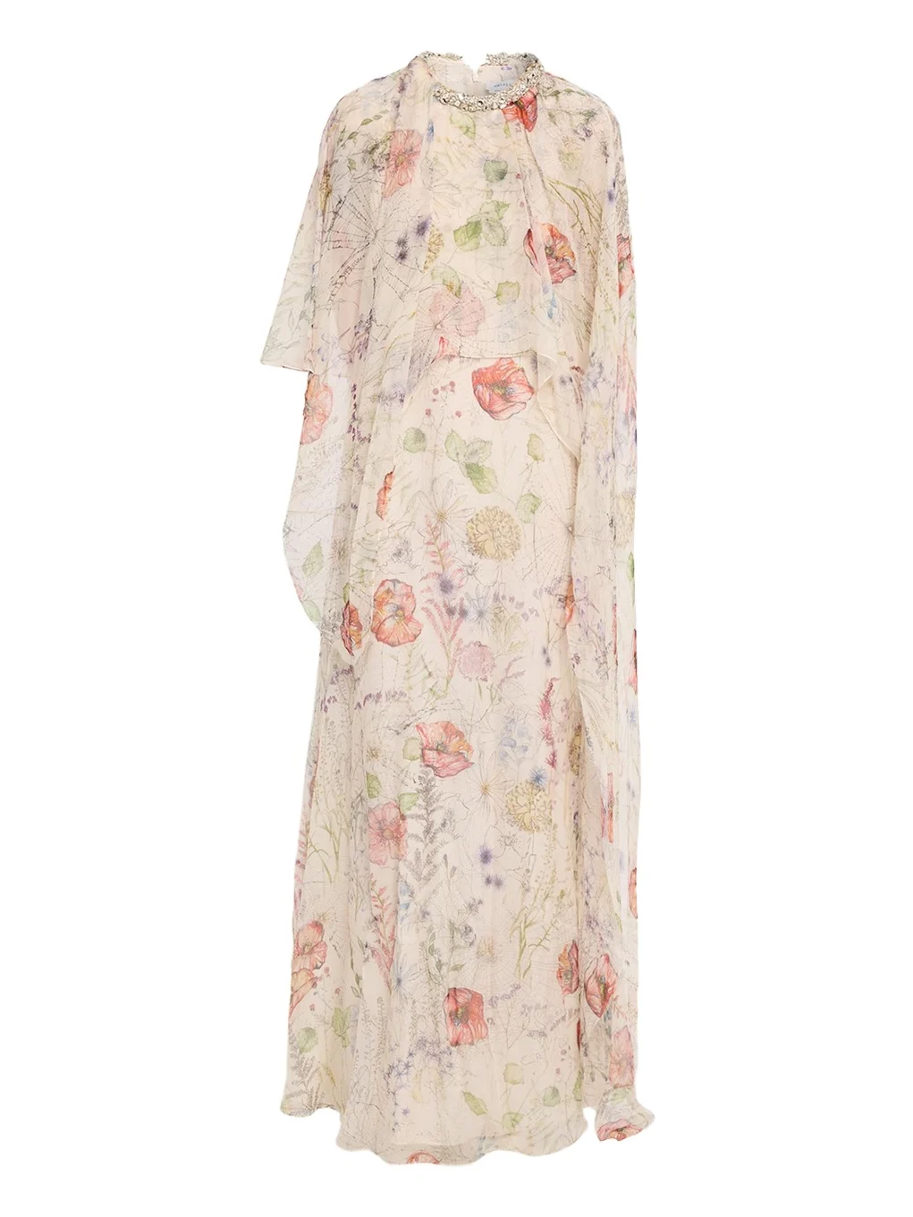 Alexander McQueen Crystal Meadow Floral-Print Asymmetric Cape Gown
