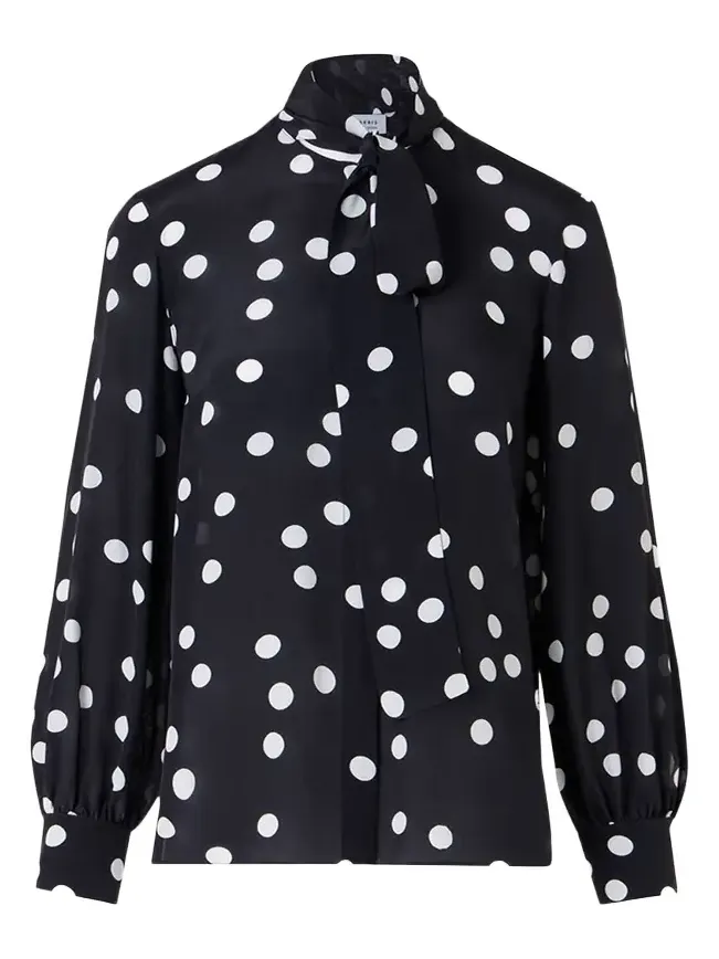 Polka Dot-Print Georgette Neck-Bow Blouse