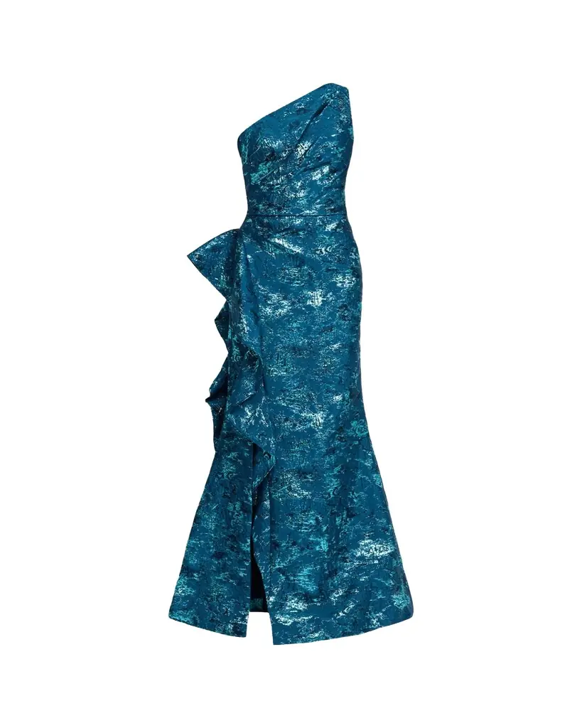 Rickie Freeman for Teri Jon Metallic Jacquard One-Shoulder Side-Ruffle Gown | Image 1 Rickie Freeman for Teri Jon Metallic Jacquard One-Shoulder Side-Ruffle Gown | Image 1