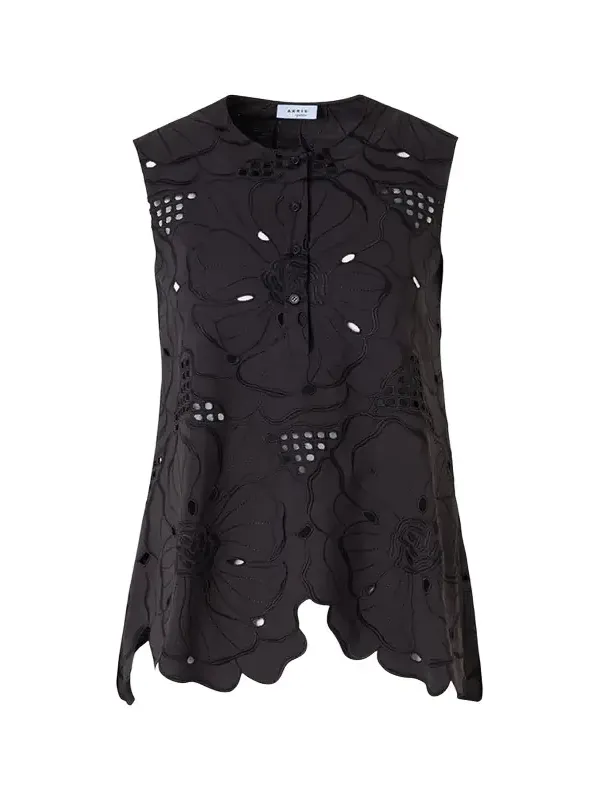 Flower Eyelet Embroidered Cotton Poplin Tunic Blouse
