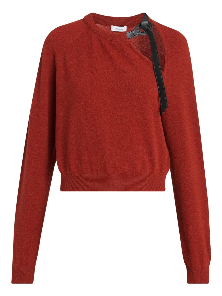 Leather-Strap Cutout Cashmere Sweater Leather-Strap Cutout Cashmere Sweater