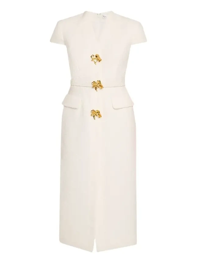 Oscar de la Renta Cap-Sleeve Slub Tweed Buttoned Midi Day Dress