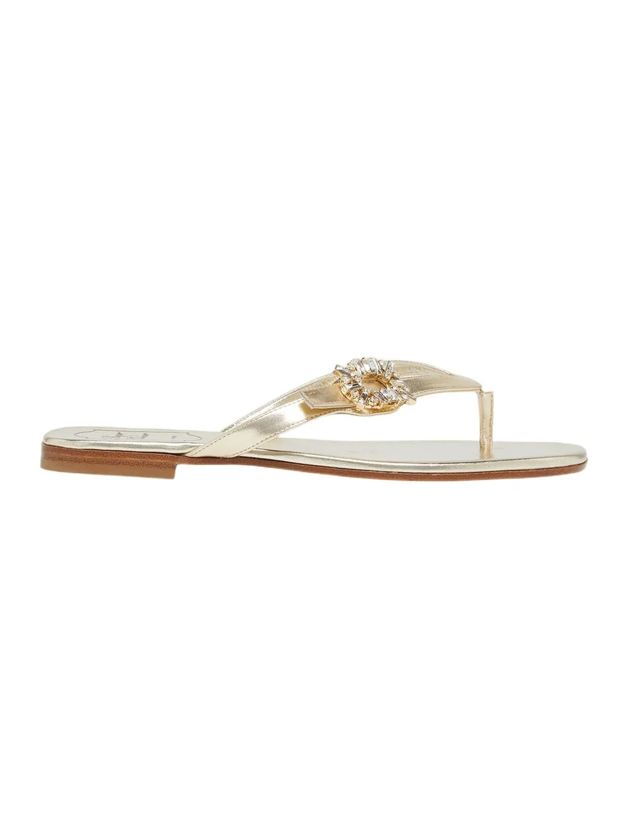 Strass Buckle Metallic Leather Thong Sandals