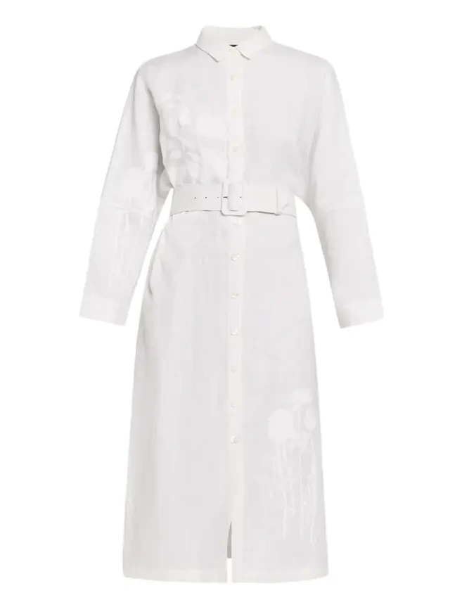 White On White Hand Silk Screen Belted Linen Shirtdress White On White Hand Silk Screen Belted Linen Shirtdress
