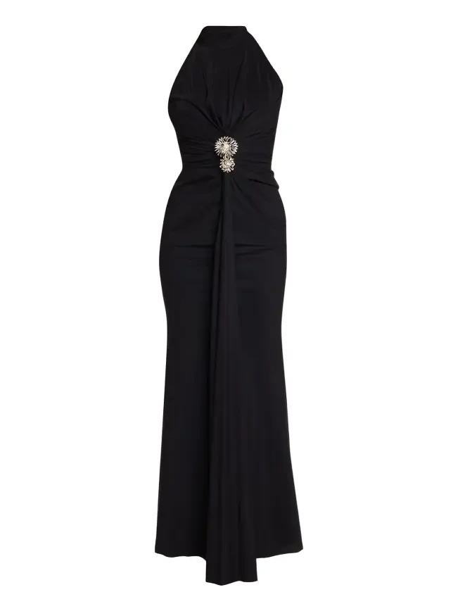 Nitsa Floral-Embellished Halter Column Gown