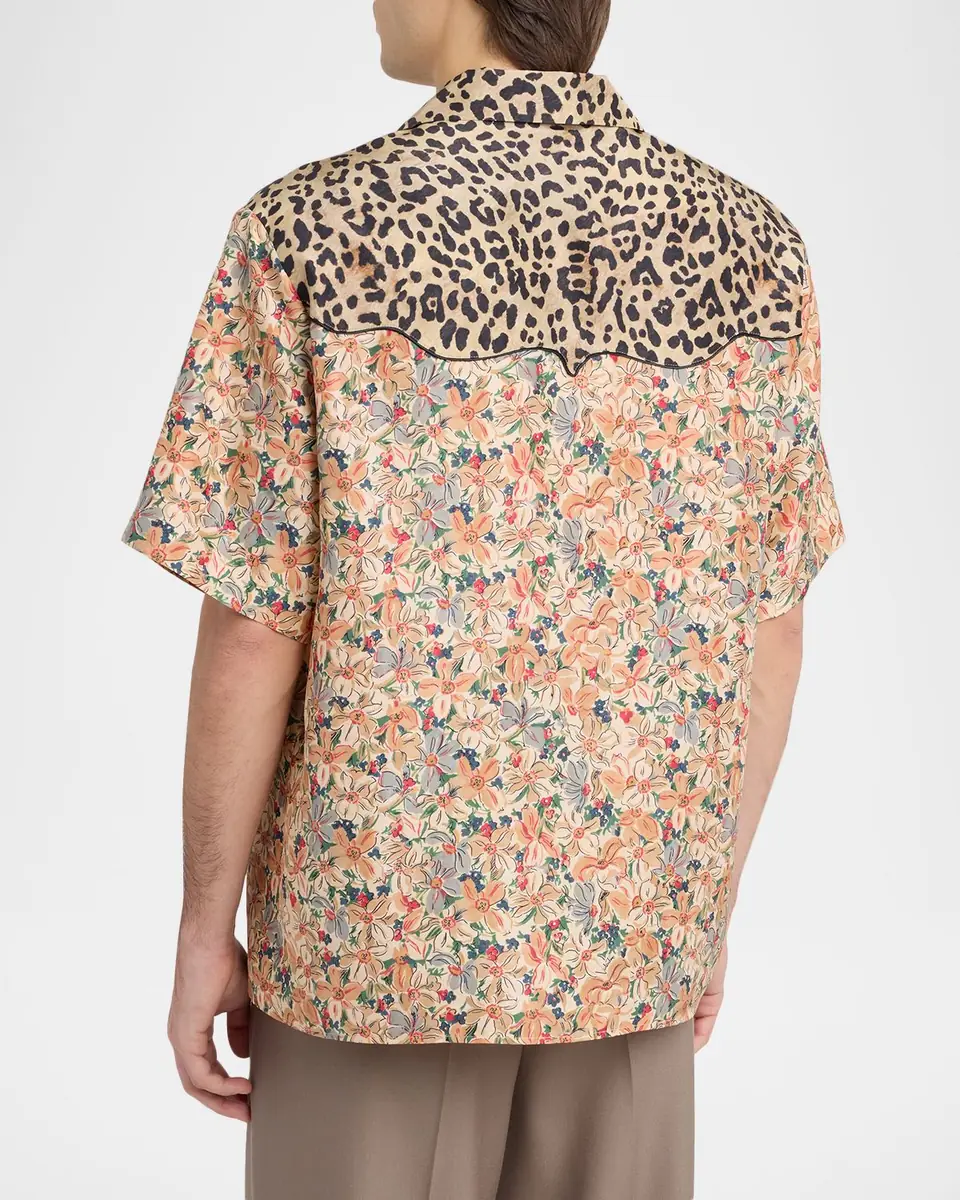 Valentino Garavani Men's Leopard Floral Silk Camp Shirt | Thumbnail 2 Valentino Garavani Men's Leopard Floral Silk Camp Shirt | Thumbnail 2