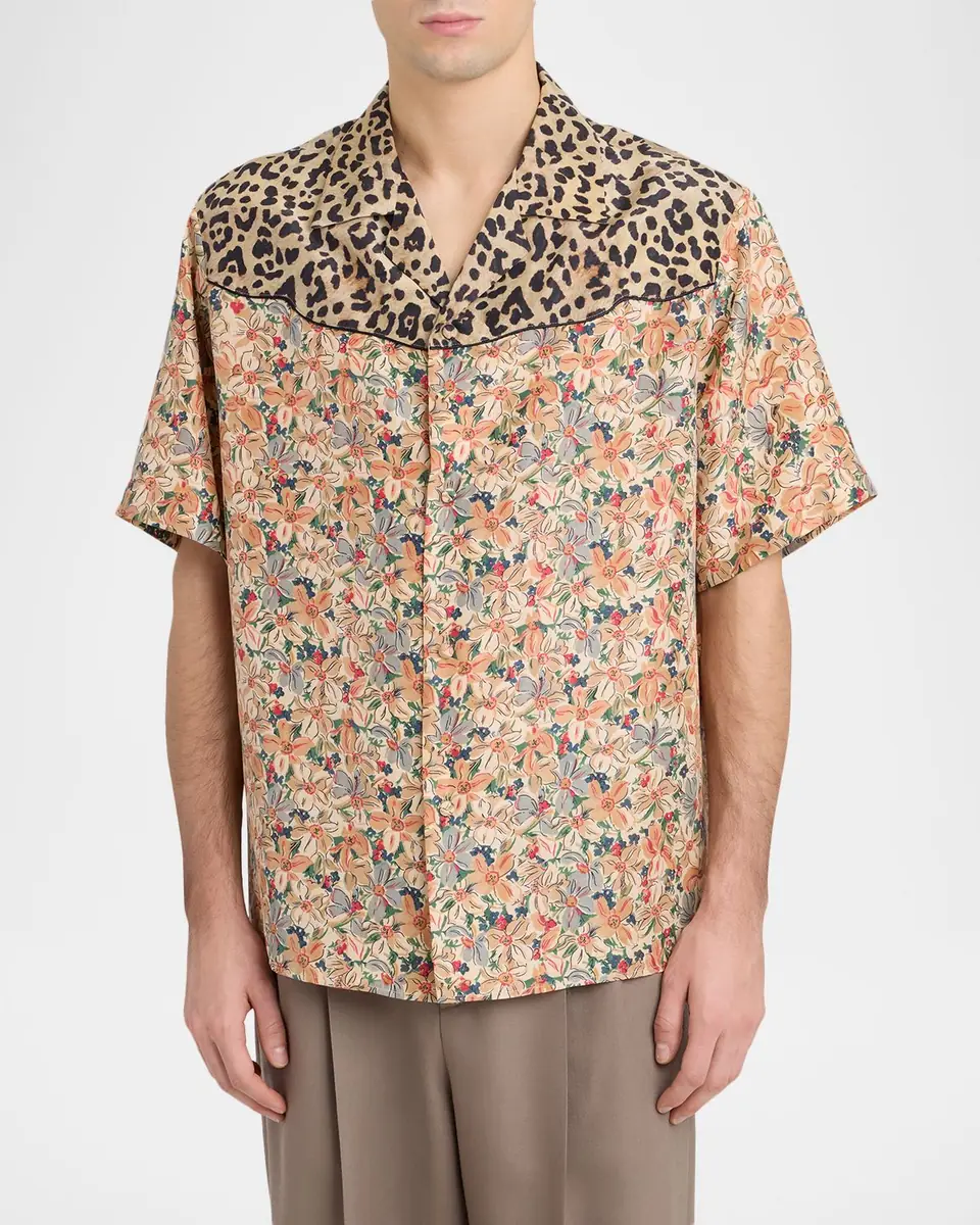 Valentino Garavani Men's Leopard Floral Silk Camp Shirt | Thumbnail 3 Valentino Garavani Men's Leopard Floral Silk Camp Shirt | Thumbnail 3