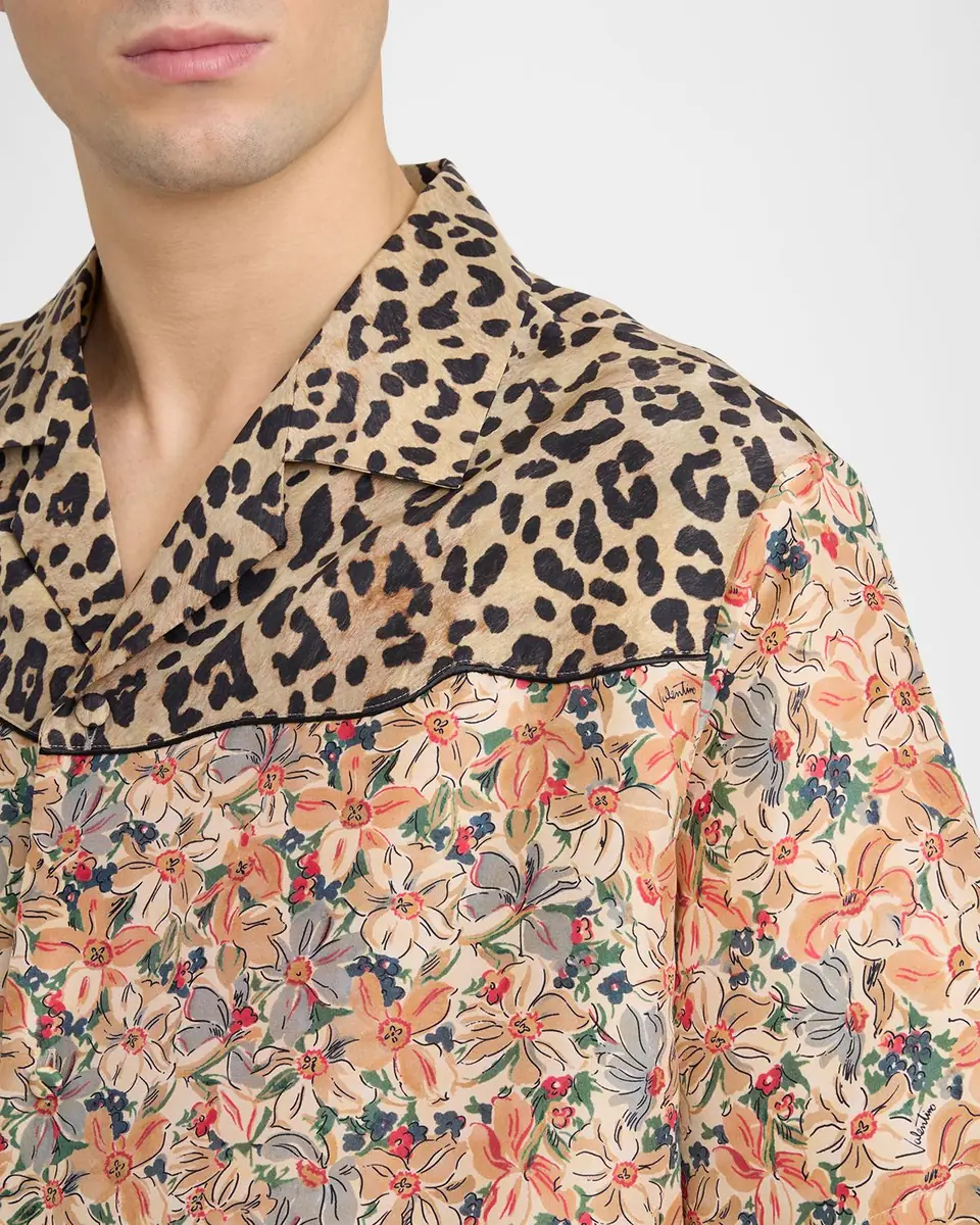 Valentino Garavani Men's Leopard Floral Silk Camp Shirt | Thumbnail 4 Valentino Garavani Men's Leopard Floral Silk Camp Shirt | Thumbnail 4