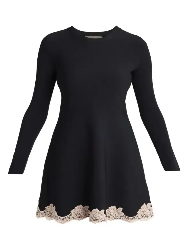 Lace-Trim Long-Sleeve Knit Mini Dress