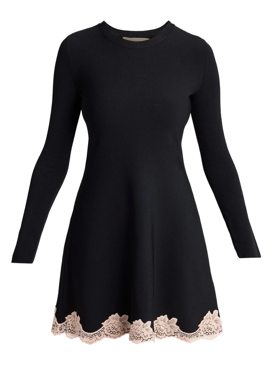 Lace-Trim Long-Sleeve Knit Mini Dress Lace-Trim Long-Sleeve Knit Mini Dress