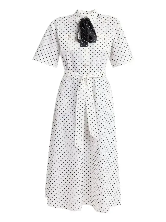 Valentino Garavani Polkadot-Print Cotton Neck-Scarf Midi Shirtdress