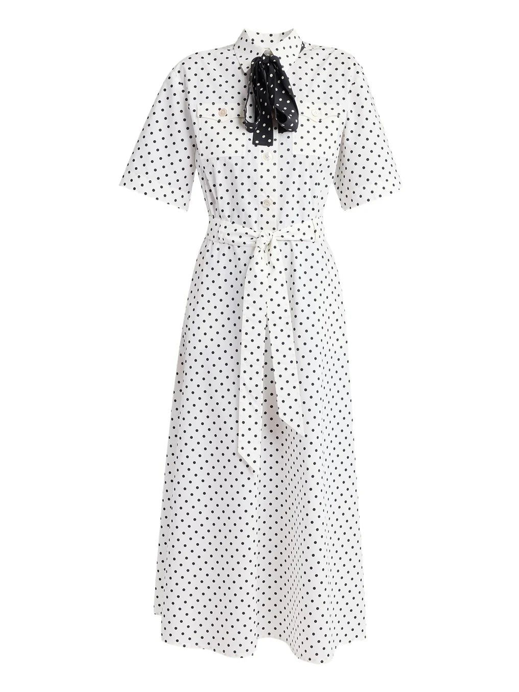 Valentino Garavani Polkadot-Print Cotton Neck-Scarf Midi Shirtdress