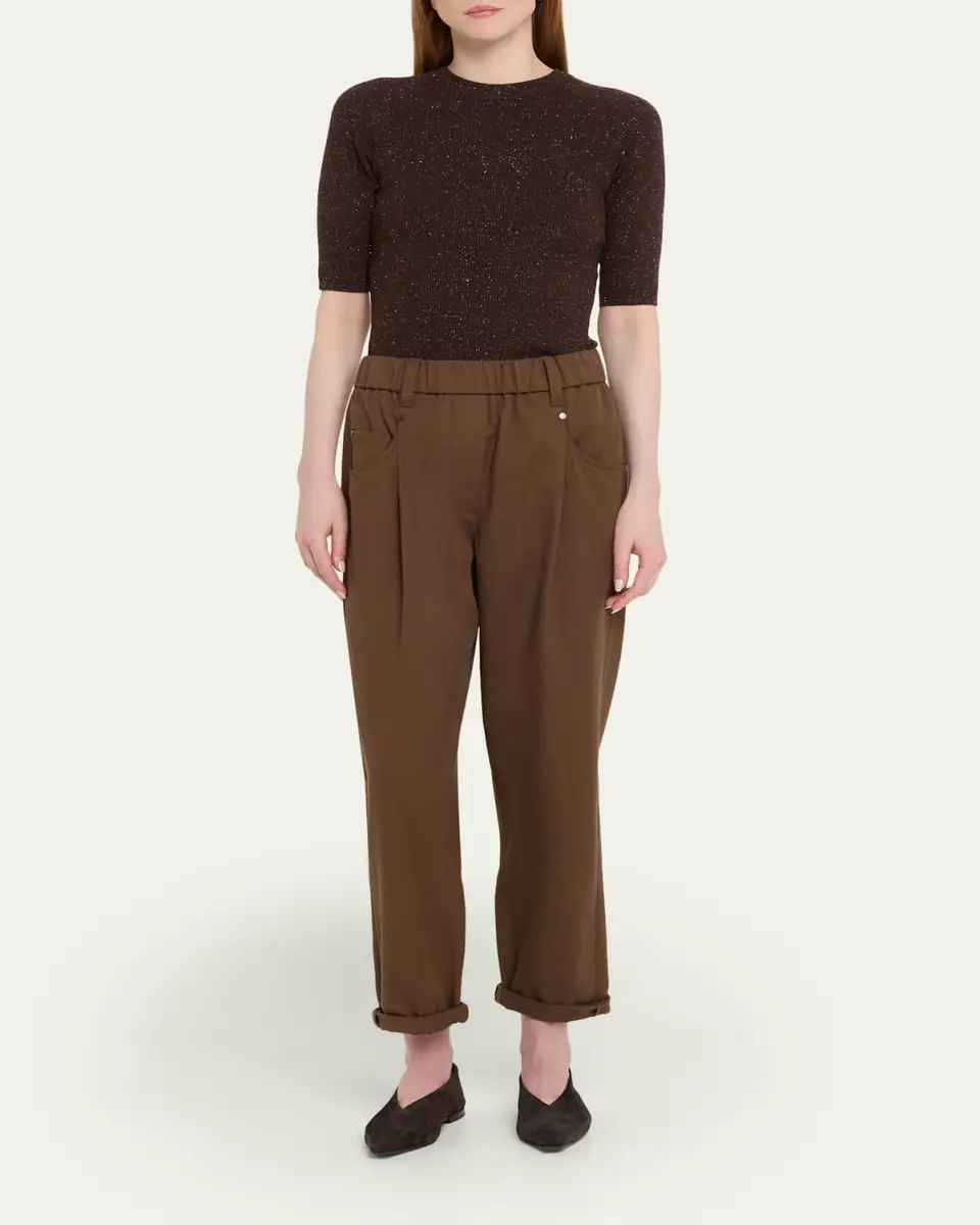 Brunello Cucinelli Metallic Rib Short-Sleeve Crewneck Sweater | Thumbnail 2