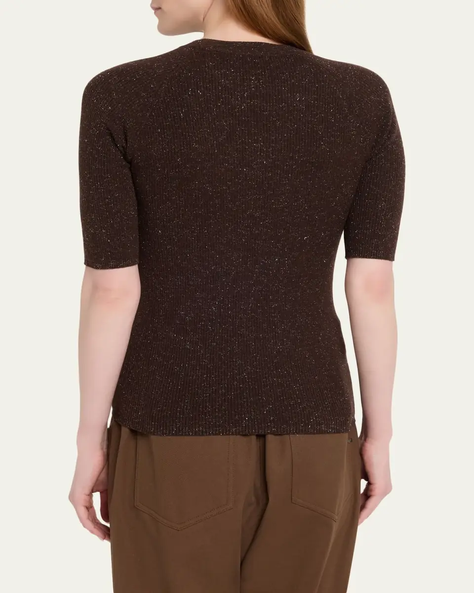 Brunello Cucinelli Metallic Rib Short-Sleeve Crewneck Sweater | Thumbnail 3