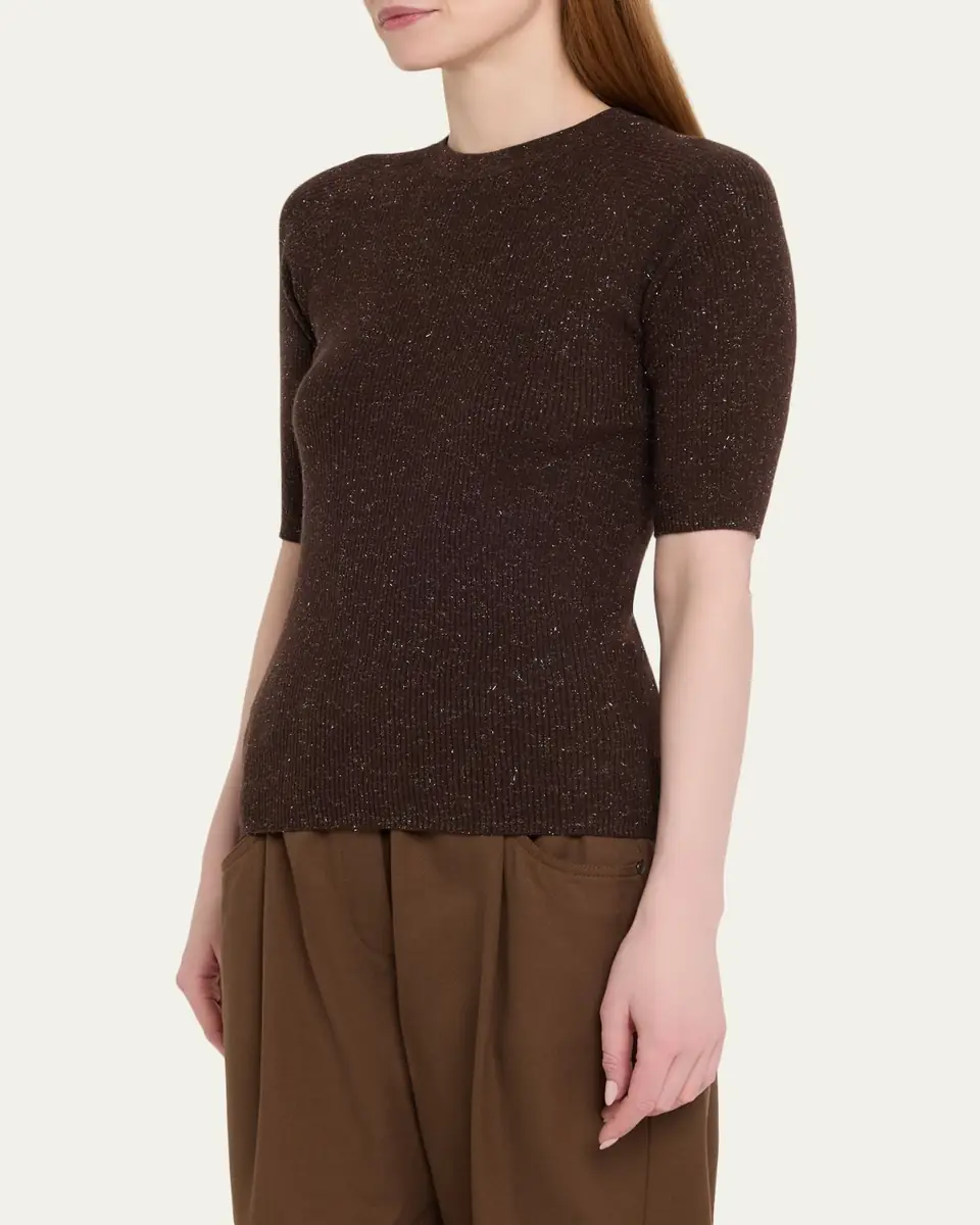 Brunello Cucinelli Metallic Rib Short-Sleeve Crewneck Sweater | Thumbnail 4