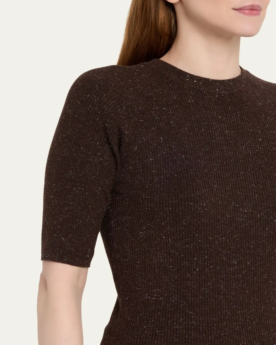 Brunello Cucinelli Metallic Rib Short-Sleeve Crewneck Sweater | Thumbnail 5