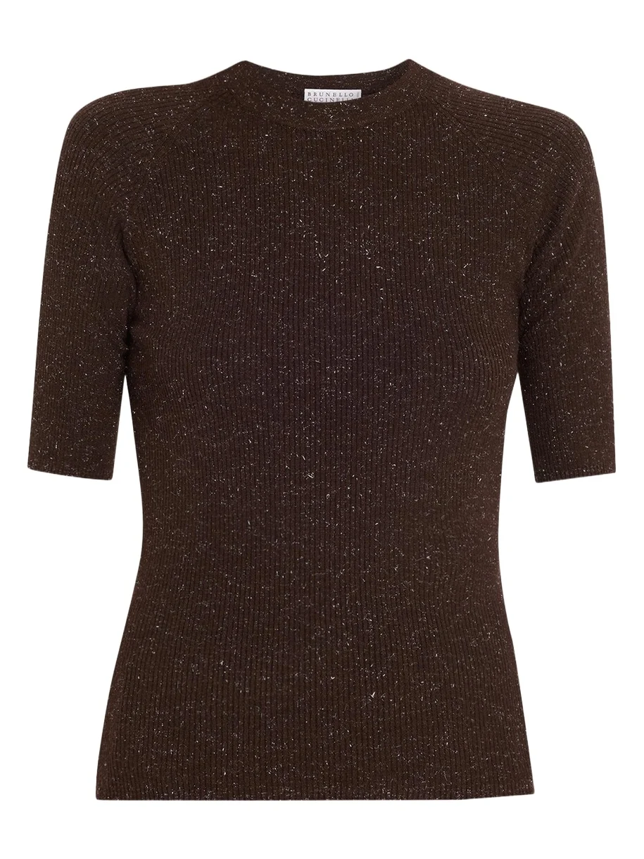 Brunello Cucinelli Metallic Rib Short-Sleeve Crewneck Sweater