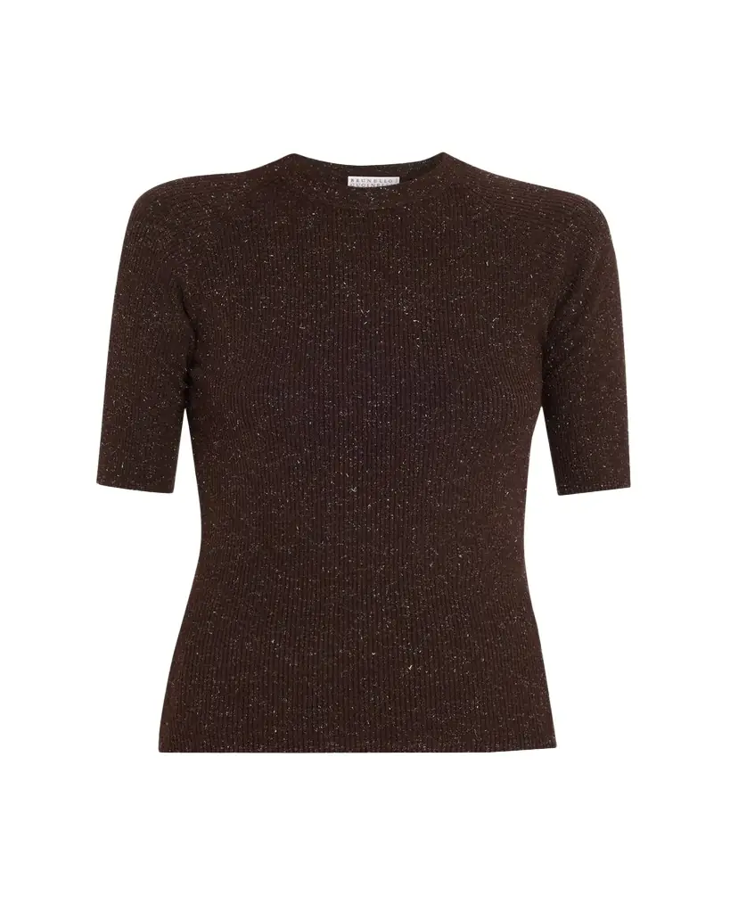 Brunello Cucinelli Metallic Rib Short-Sleeve Crewneck Sweater | Image 1 Brunello Cucinelli Metallic Rib Short-Sleeve Crewneck Sweater | Image 1