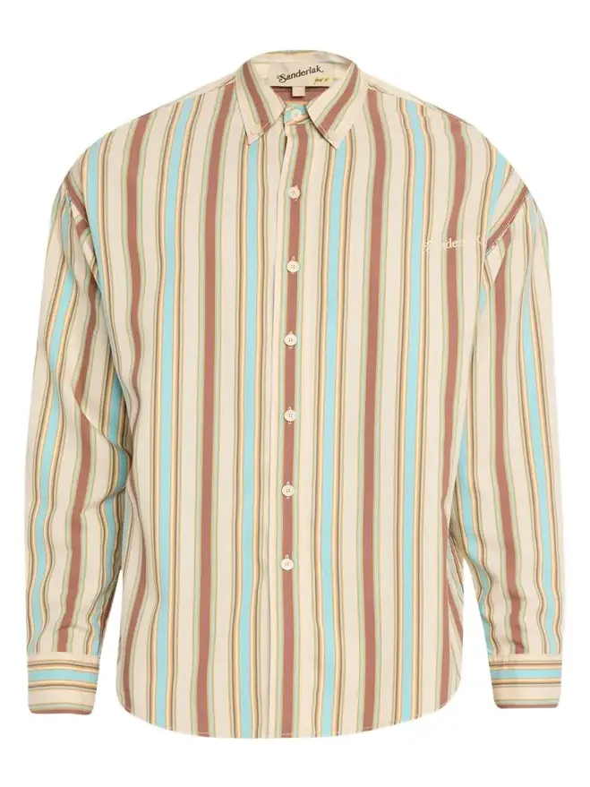 Sanderlak Men's Oversized Viscose Poplin Stripe Button-Down Shirt