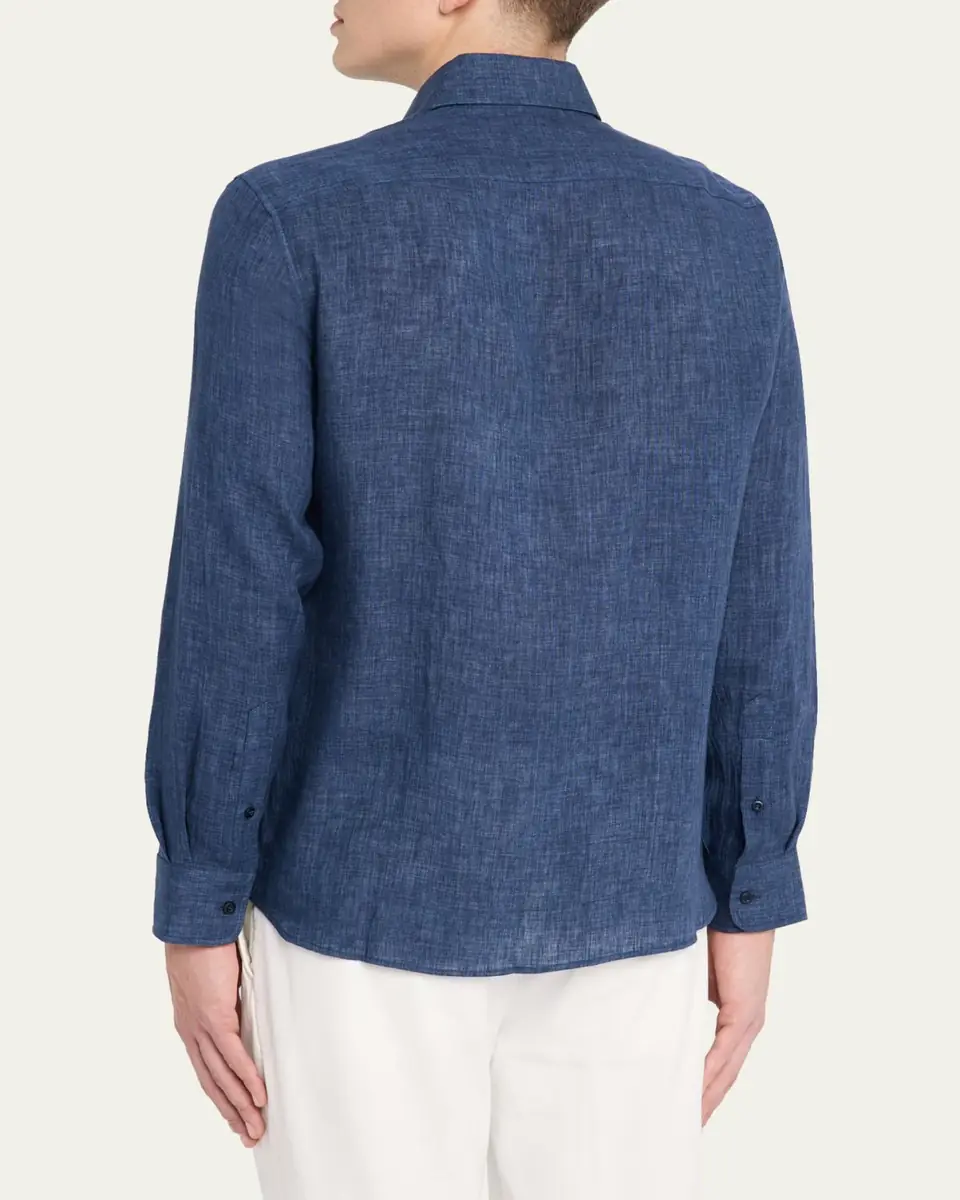Brunello Cucinelli Men's Linen Spread Collar Button-Down Shirt | Thumbnail 3 Brunello Cucinelli Men's Linen Spread Collar Button-Down Shirt | Thumbnail 3