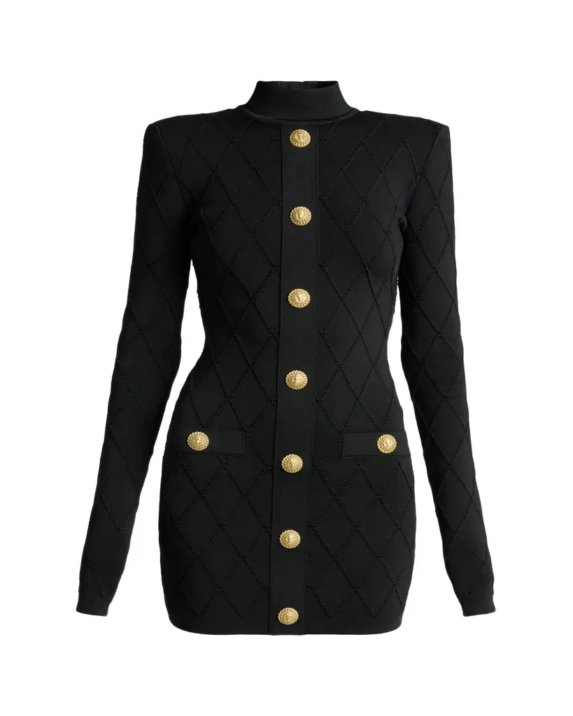 Balmain Long-Sleeve Buttoned Knit Mini Dress | Image 1 Balmain Long-Sleeve Buttoned Knit Mini Dress | Image 1