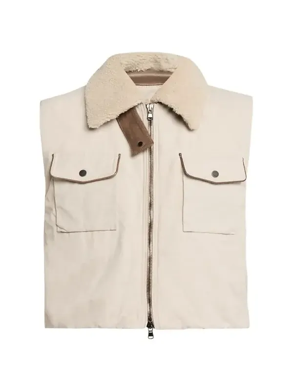Lamb Shearling Collar Techno Satin Padded Vest