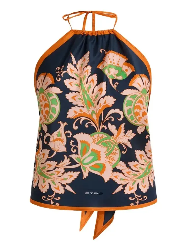 Floral-Print Silk Twill Halter Top