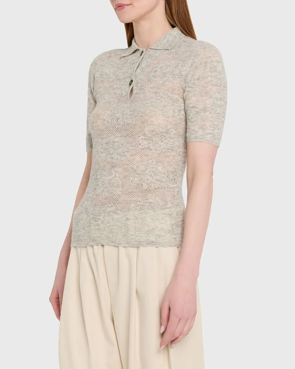 Brunello Cucinelli Lace-Effect Polo Short-Sleeve Sweater | Thumbnail 4 Brunello Cucinelli Lace-Effect Polo Short-Sleeve Sweater | Thumbnail 4