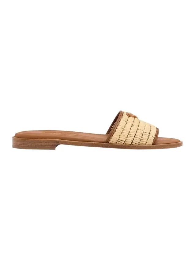 Triangle Logo Raffia Flat Slide Sandals Triangle Logo Raffia Flat Slide Sandals