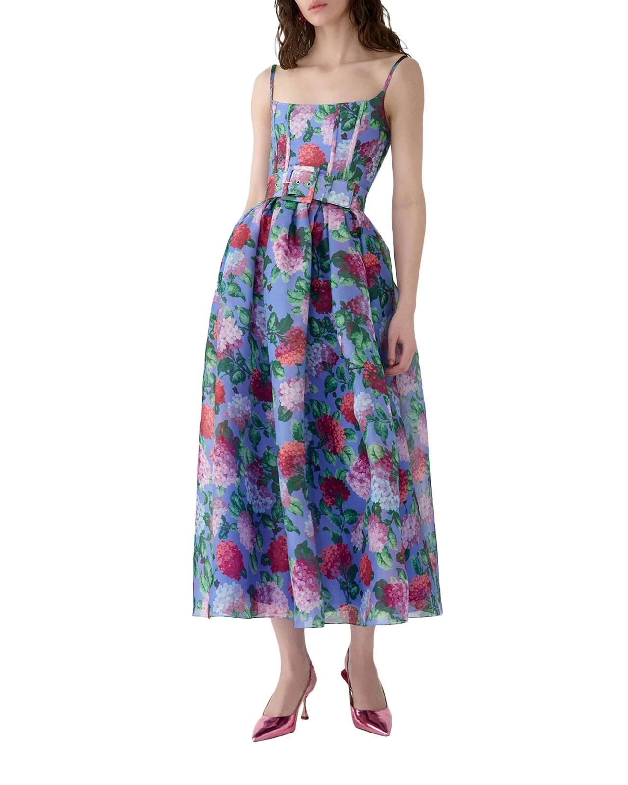 Hydrangea-Print Silk Organza Fit-and-Flare Midi Dress Hydrangea-Print Silk Organza Fit-and-Flare Midi Dress