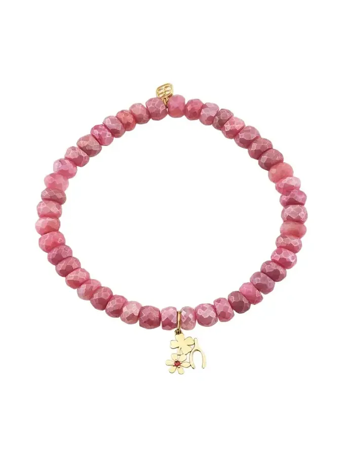 14K Lucky Ruby Charm on Moonstone Stretch Bracelet