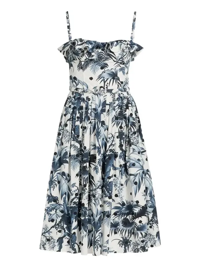 Dotted Palm-Print Ruffle Sleeveless Midi Dress With Belt Dotted Palm-Print Ruffle Sleeveless Midi Dress With Belt