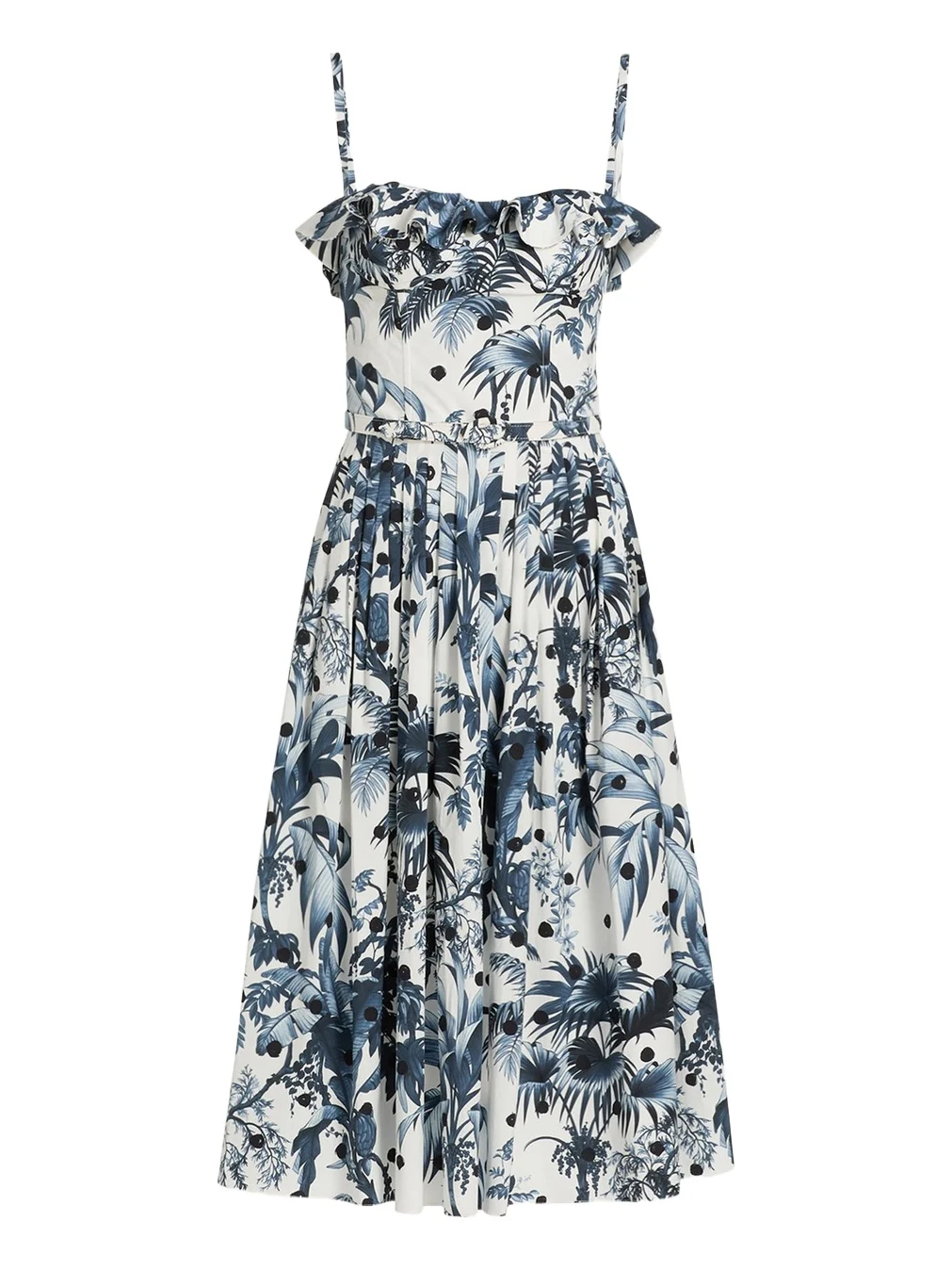 Dotted Palm-Print Ruffle Sleeveless Midi Dress With Belt Dotted Palm-Print Ruffle Sleeveless Midi Dress With Belt