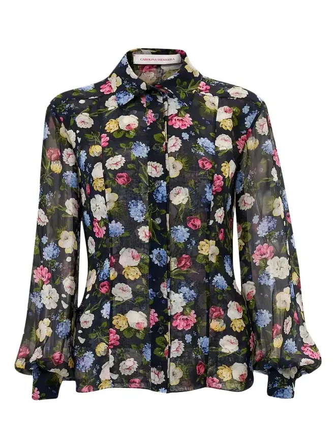 Isabella Rose-Print Silk Chiffon Button-Down Shirt Isabella Rose-Print Silk Chiffon Button-Down Shirt