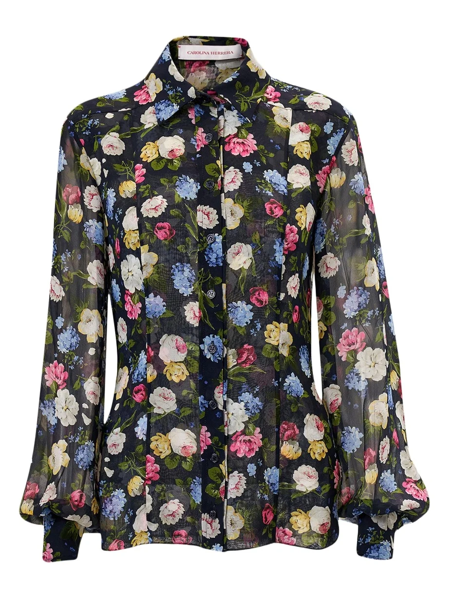 Isabella Rose-Print Silk Chiffon Button-Down Shirt Isabella Rose-Print Silk Chiffon Button-Down Shirt