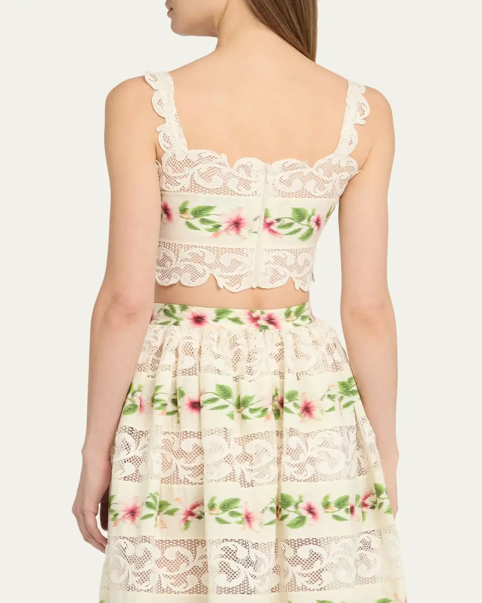 Oscar de la Renta Sleeveless Chine Hibiscus-Print Lace-Trim Crop Top | Thumbnail 3 Oscar de la Renta Sleeveless Chine Hibiscus-Print Lace-Trim Crop Top | Thumbnail 3