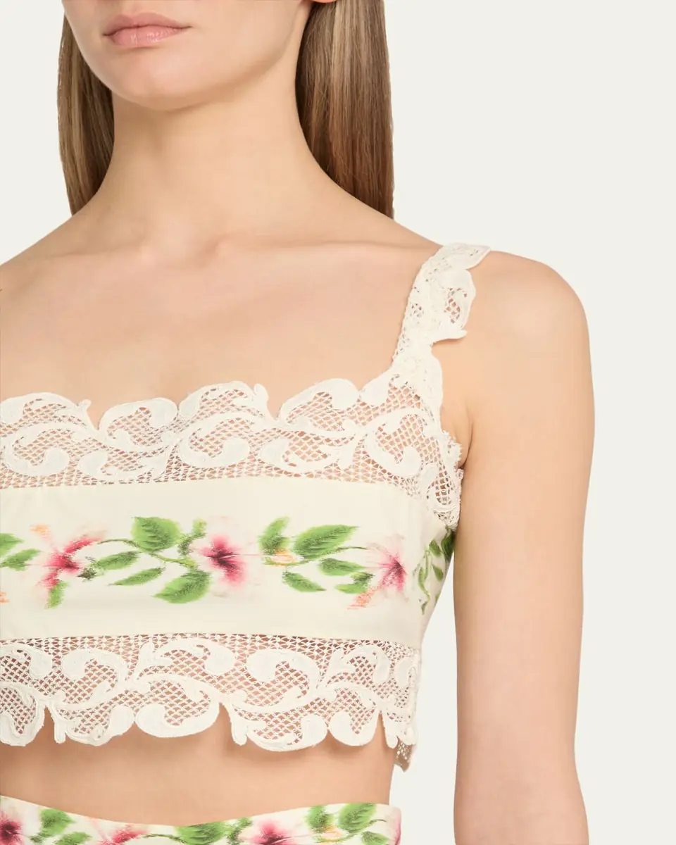 Oscar de la Renta Sleeveless Chine Hibiscus-Print Lace-Trim Crop Top | Thumbnail 5 Oscar de la Renta Sleeveless Chine Hibiscus-Print Lace-Trim Crop Top | Thumbnail 5