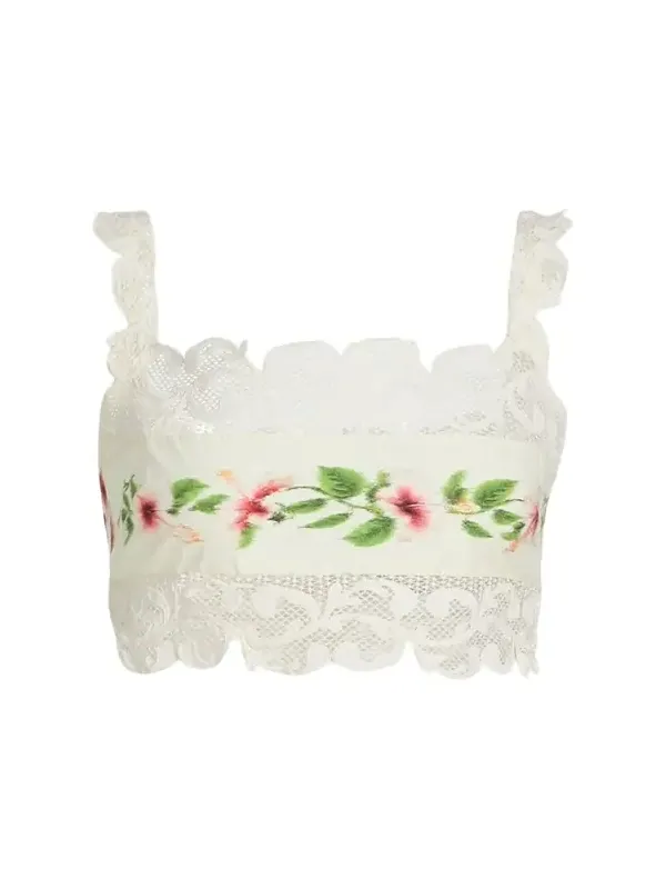 Sleeveless Chine Hibiscus-Print Lace-Trim Crop Top